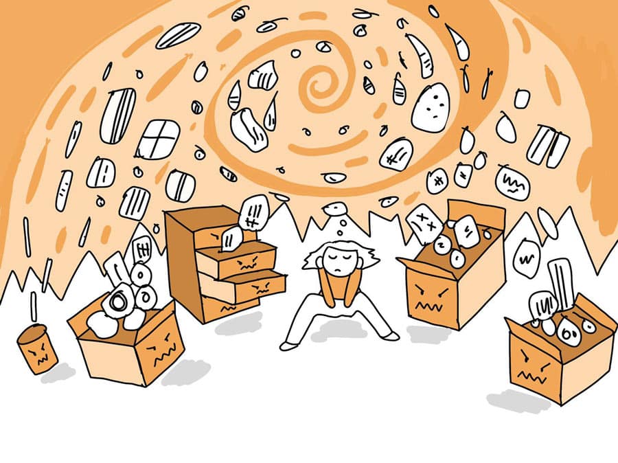Illustration zum Thema Ordnungsberater Wien mit einer gestressten Person zwischen Unordnung, Kisten und wirbelnden Gegenständen