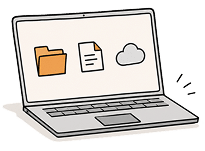Illustration eines Laptops, auf dem drei Symbole angeordnet sind